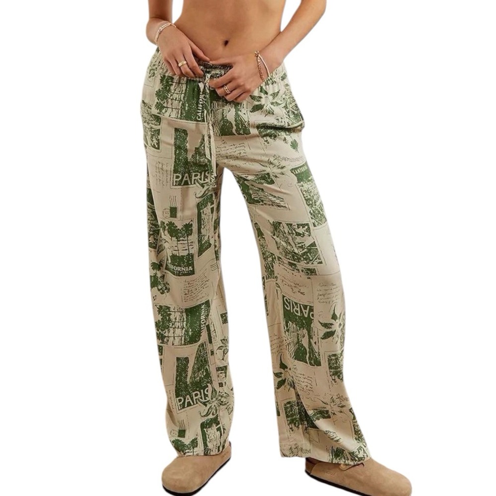 Urban Outfitters Womens Large Green Beige Paris Print Wide Leg‎ Casual Pants